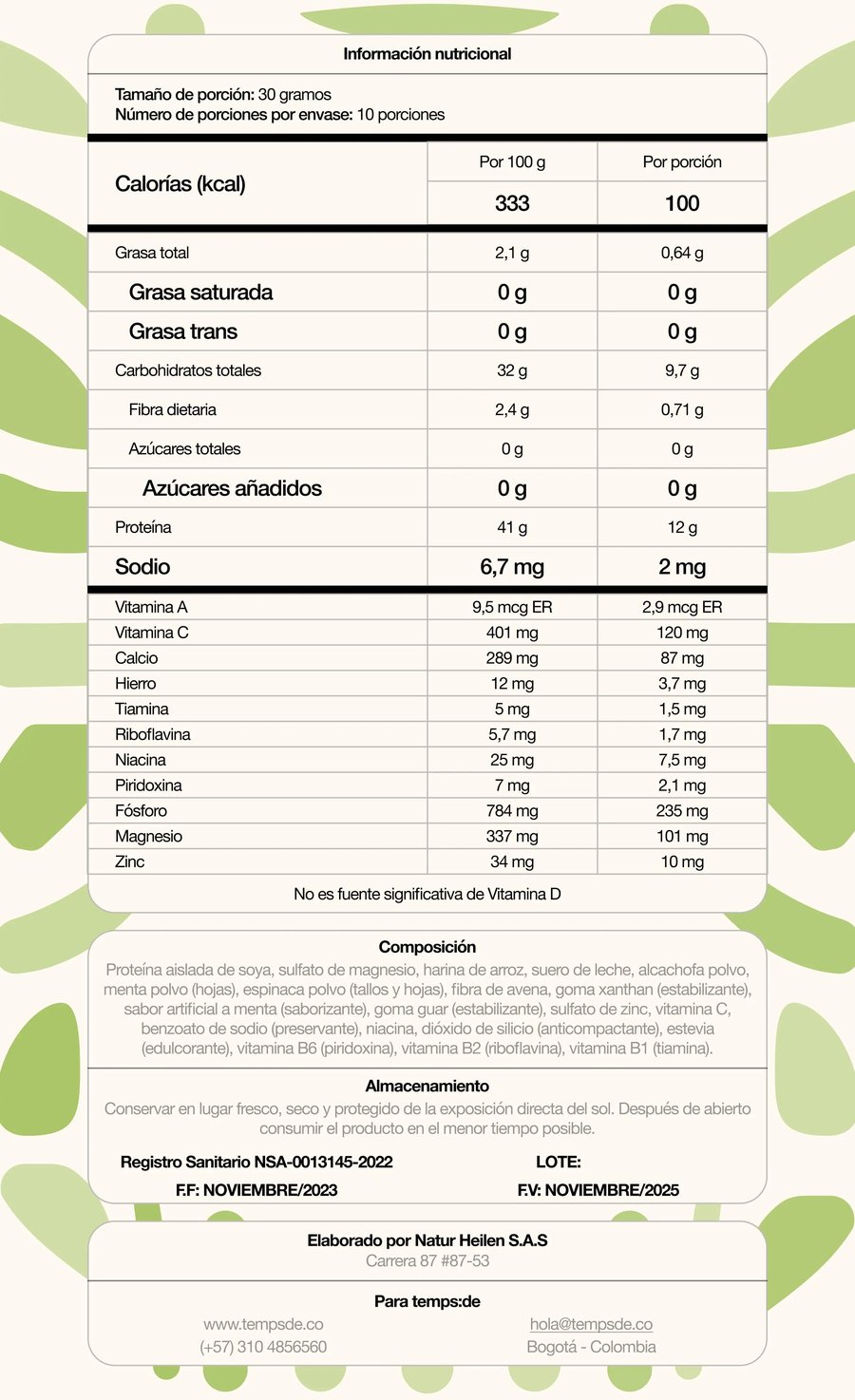 Tabla de información nutricional de Casan