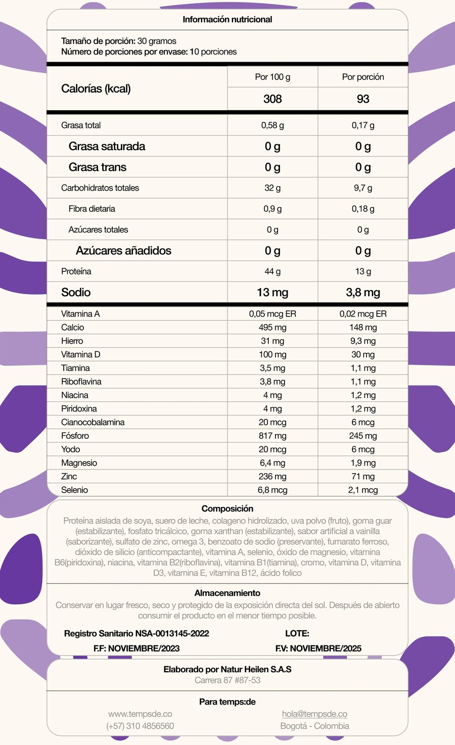 Tabla de información nutricional de Ilona