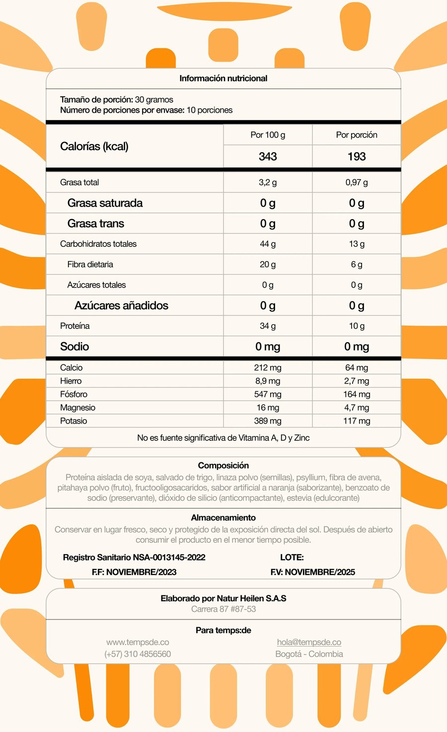 Tabla de información nutricional de Nafor